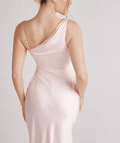 Cowl Front Asymmetrical Satin Bridesmaid Dress - Pale Pink