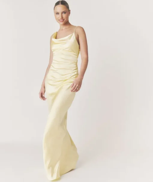 Cowl Front Asymmetrical Satin Bridesmaid Dress - Butter Lemon