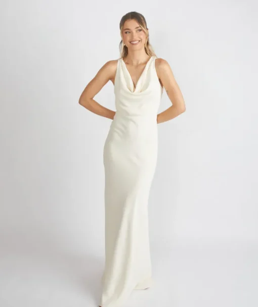 Cowl Front Crepe Bridesmaid Dress - Almond