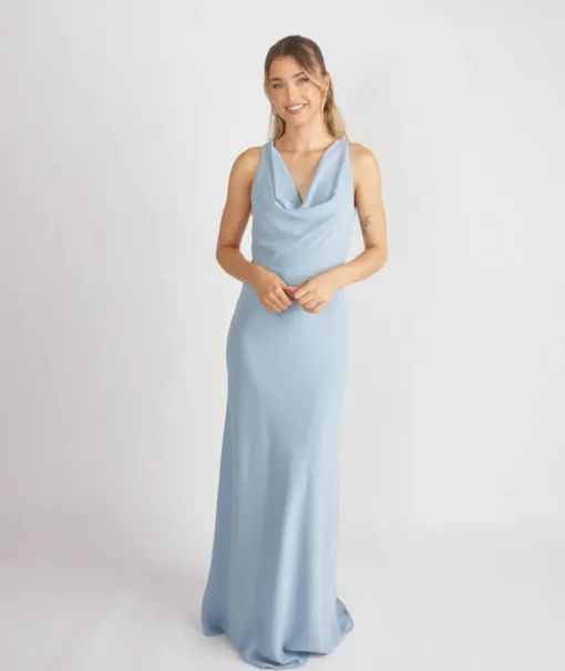 Cowl Front Crepe Bridesmaid Dress - Pale Blue