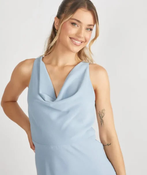 Cowl Front Crepe Bridesmaid Dress - Pale Blue