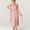 Cowl Front Drape Detail Belted Midi Dress - Rose