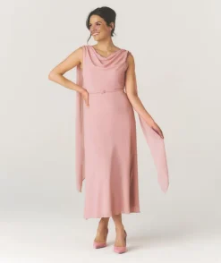 Cowl Front Drape Detail Belted Midi Dress - Rose