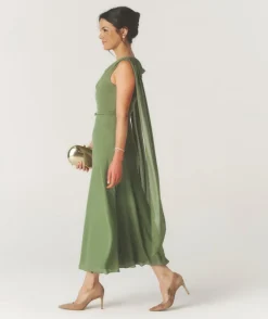 Cowl Front Drape Detail Belted Midi Dress - Sage
