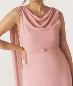 Cowl Front Drape Detail Belted Midi Dress - Rose