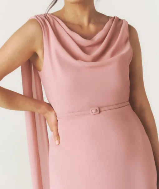 Cowl Front Drape Detail Belted Midi Dress - Rose