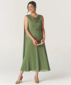 Cowl Front Drape Detail Belted Midi Dress - Sage