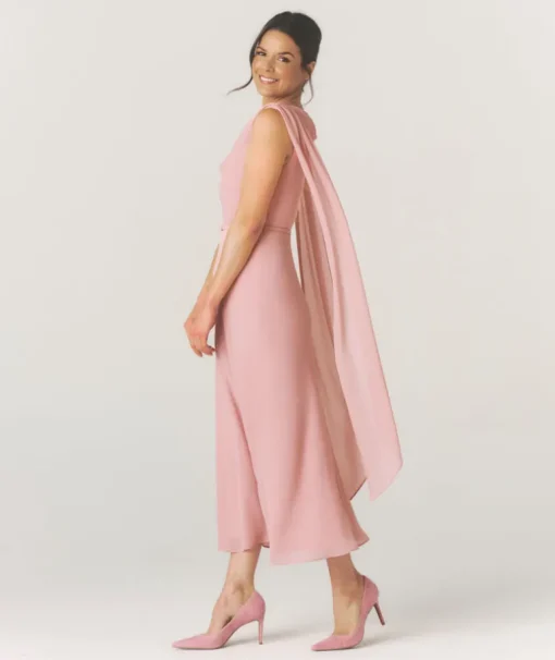 Cowl Front Drape Detail Belted Midi Dress - Rose