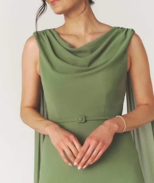Cowl Front Drape Detail Belted Midi Dress - Sage