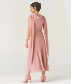 Cowl Front Drape Detail Belted Midi Dress - Rose