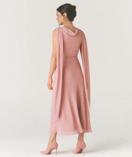 Cowl Front Drape Detail Belted Midi Dress - Rose