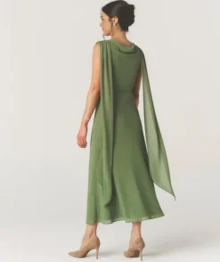 Cowl Front Drape Detail Belted Midi Dress - Sage