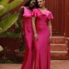 Cowl Front Flutter Sleeve Satin Bridesmaid Dress - Fuchsia Pink
