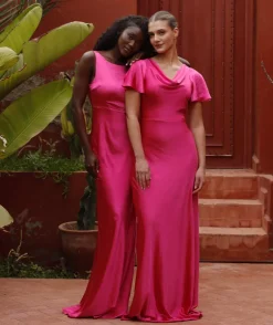 Cowl Front Flutter Sleeve Satin Bridesmaid Dress - Fuchsia Pink