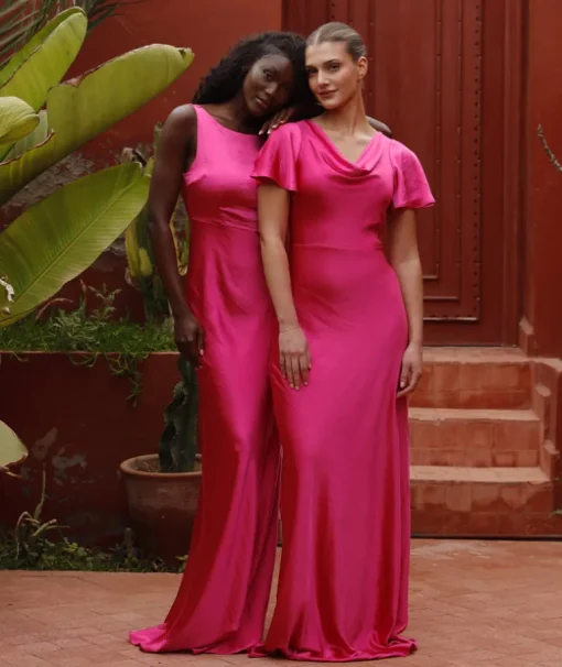 Cowl Front Flutter Sleeve Satin Bridesmaid Dress - Fuchsia Pink