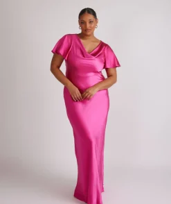 Cowl Front Flutter Sleeve Satin Bridesmaid Dress - Fuchsia Pink