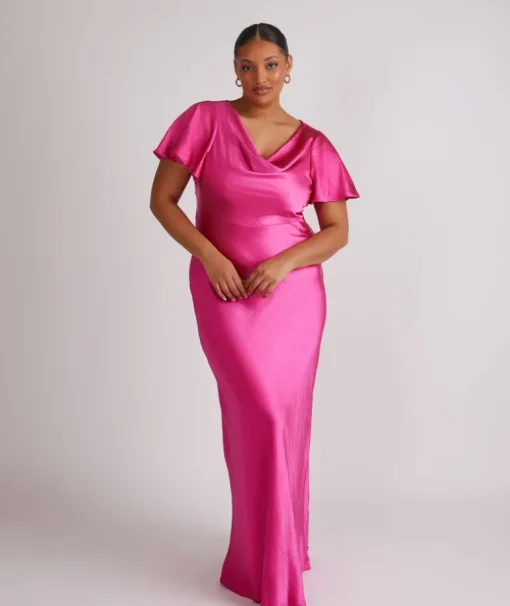 Cowl Front Flutter Sleeve Satin Bridesmaid Dress - Fuchsia Pink