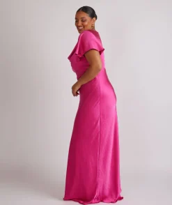 Cowl Front Flutter Sleeve Satin Bridesmaid Dress - Fuchsia Pink