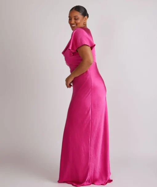 Cowl Front Flutter Sleeve Satin Bridesmaid Dress - Fuchsia Pink