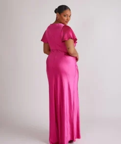 Cowl Front Flutter Sleeve Satin Bridesmaid Dress - Fuchsia Pink
