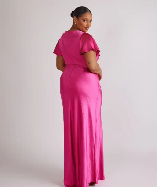 Cowl Front Flutter Sleeve Satin Bridesmaid Dress - Fuchsia Pink