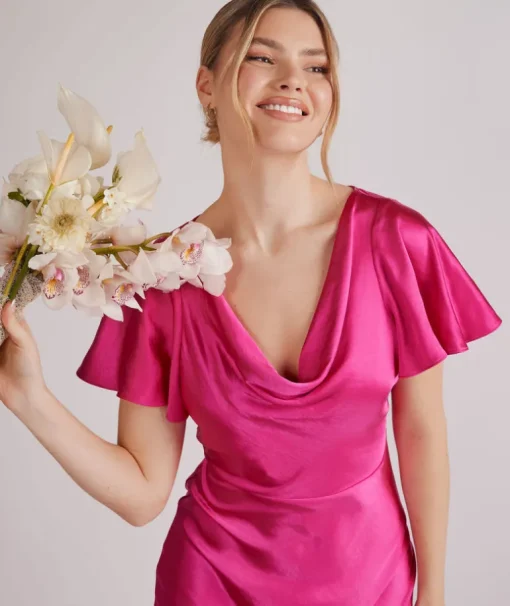 Cowl Front Flutter Sleeve Satin Bridesmaid Dress - Fuchsia Pink