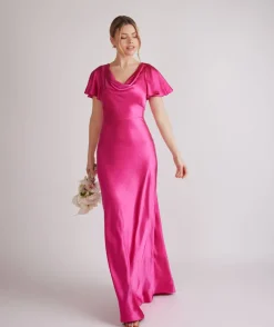 Cowl Front Flutter Sleeve Satin Bridesmaid Dress - Fuchsia Pink