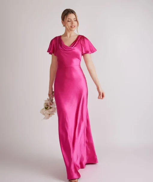 Cowl Front Flutter Sleeve Satin Bridesmaid Dress - Fuchsia Pink