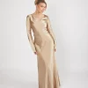 Cowl Front Long Sleeve Satin Bridesmaid Dress - Champagne
