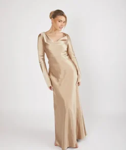 Cowl Front Long Sleeve Satin Bridesmaid Dress - Champagne