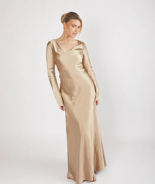 Cowl Front Long Sleeve Satin Bridesmaid Dress - Champagne