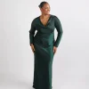 Cowl Front Long Sleeve Satin Bridesmaid Dress - Emerald