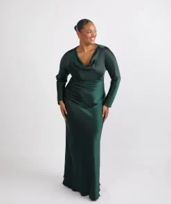 Cowl Front Long Sleeve Satin Bridesmaid Dress - Emerald