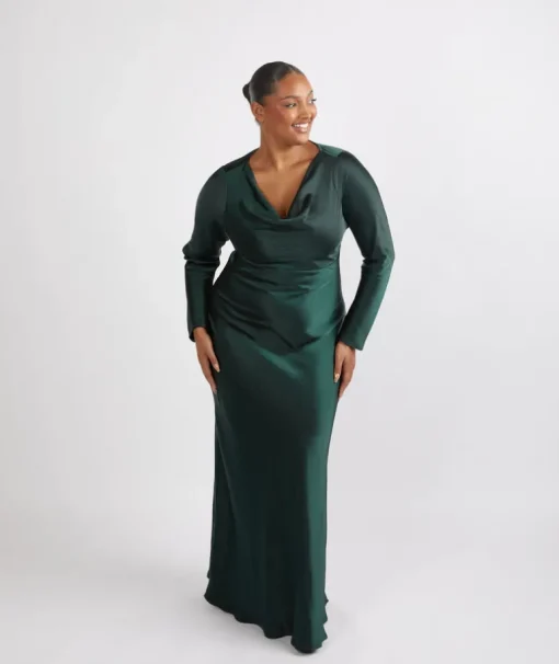 Cowl Front Long Sleeve Satin Bridesmaid Dress - Emerald