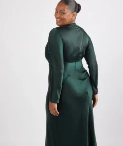 Cowl Front Long Sleeve Satin Bridesmaid Dress - Emerald