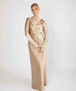 Cowl Front Long Sleeve Satin Bridesmaid Dress - Champagne