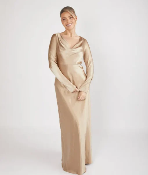 Cowl Front Long Sleeve Satin Bridesmaid Dress - Champagne