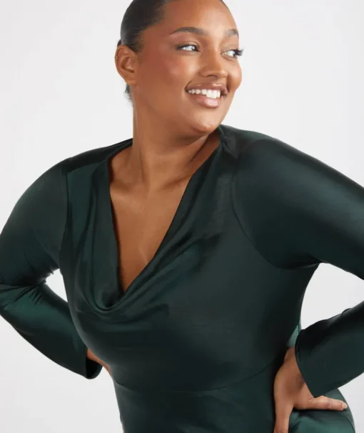 Cowl Front Long Sleeve Satin Bridesmaid Dress - Emerald
