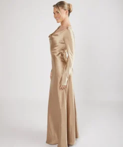 Cowl Front Long Sleeve Satin Bridesmaid Dress - Champagne