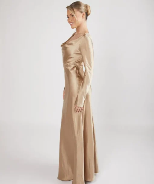 Cowl Front Long Sleeve Satin Bridesmaid Dress - Champagne