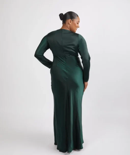 Cowl Front Long Sleeve Satin Bridesmaid Dress - Emerald
