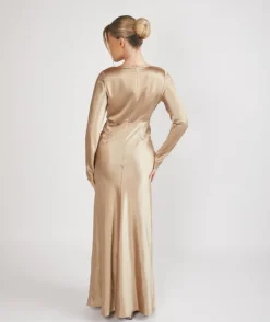 Cowl Front Long Sleeve Satin Bridesmaid Dress - Champagne