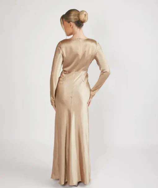Cowl Front Long Sleeve Satin Bridesmaid Dress - Champagne