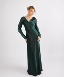 Cowl Front Long Sleeve Satin Bridesmaid Dress - Emerald