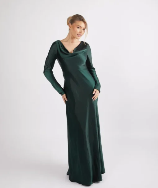 Cowl Front Long Sleeve Satin Bridesmaid Dress - Emerald