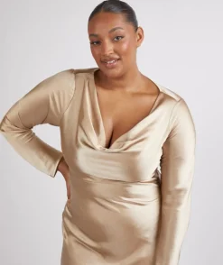 Cowl Front Long Sleeve Satin Bridesmaid Dress - Champagne