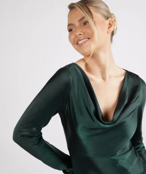 Cowl Front Long Sleeve Satin Bridesmaid Dress - Emerald