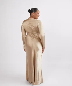 Cowl Front Long Sleeve Satin Bridesmaid Dress - Champagne