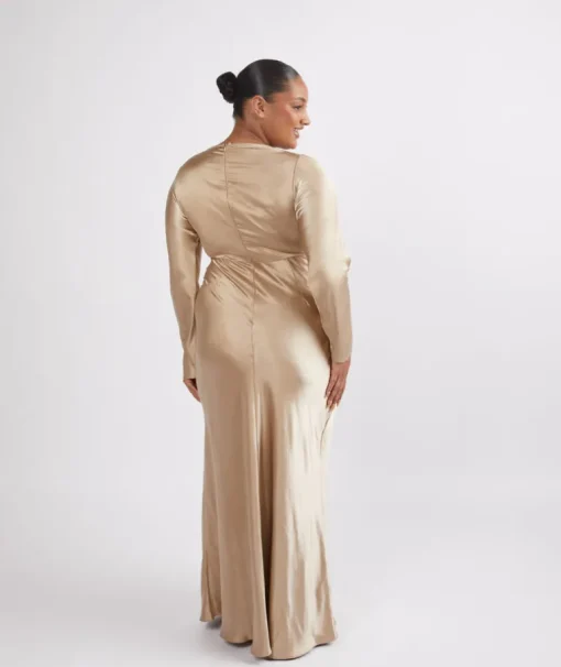 Cowl Front Long Sleeve Satin Bridesmaid Dress - Champagne