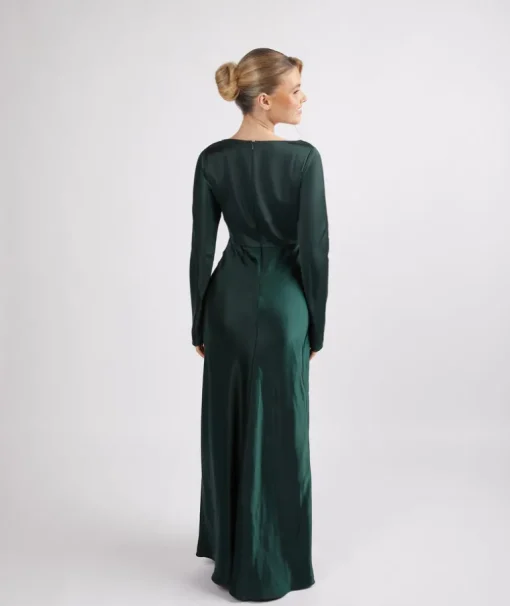 Cowl Front Long Sleeve Satin Bridesmaid Dress - Emerald